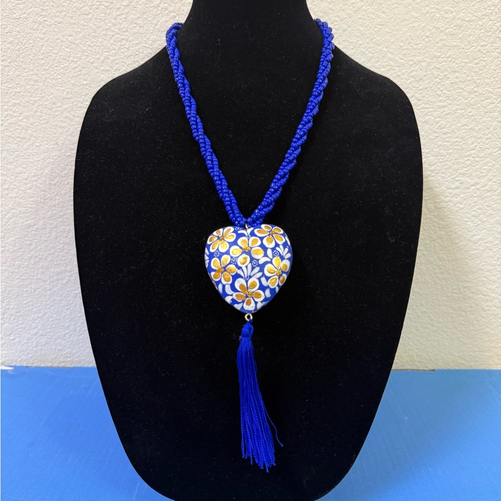Artesanal Blue Heart Pendant Necklace with Yellow Floral Detail